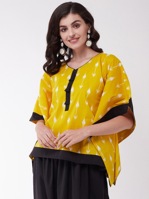 

InWeave Women Yellow Geometric Printed Kimono Sleeves Kaftan Top