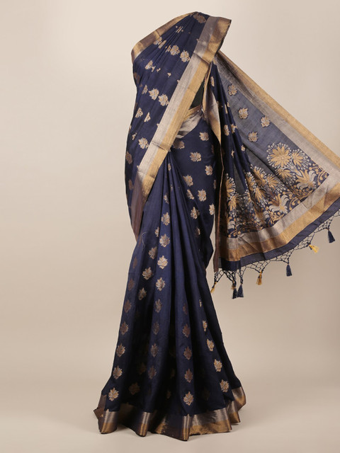 

Pothys Navy Blue & Gold-Toned Jute Silk Woven Design Saree