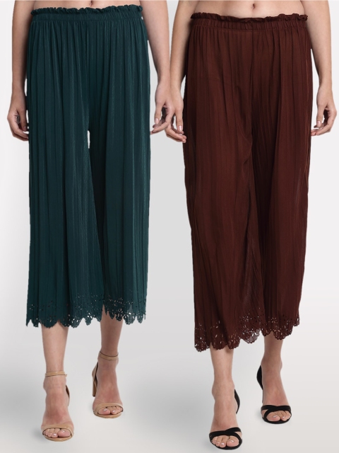

NEUDIS Women Green & Coffee Brown Hem Design Straight Palazzos
