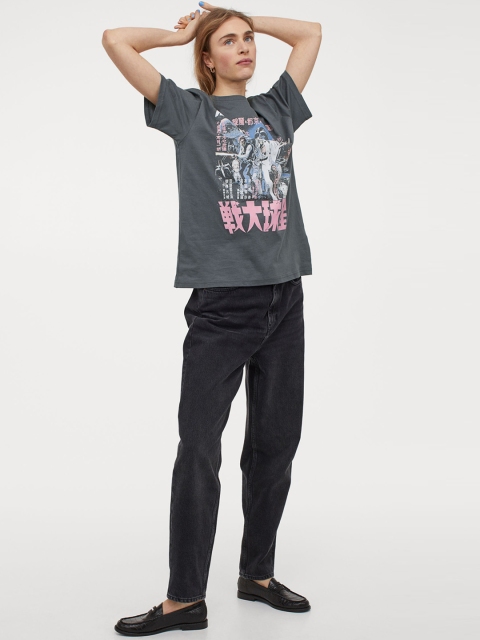

H&M Women Grey Oversized Printed T-shirt
