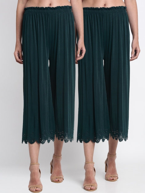 NEUDIS Women Pack Of 2 Green Solid Wide Leg Palazzos