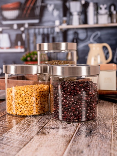 

Roxx Set Of 3 Transparent & Silver-Toned Airtight Glass Storage Jar