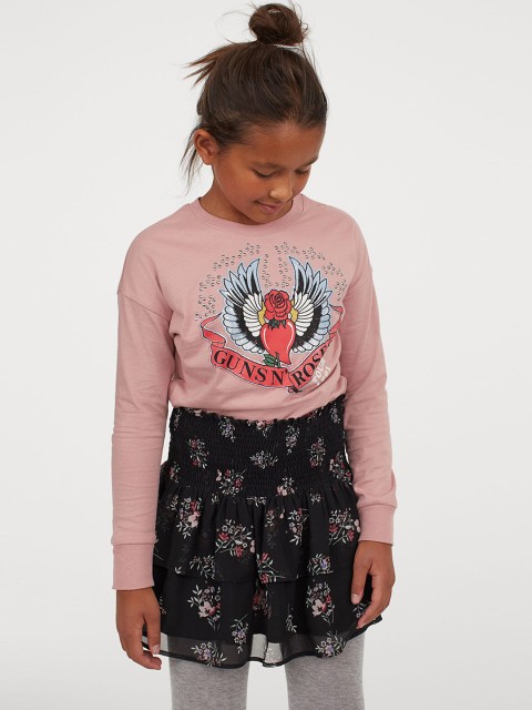 

H&M Girls Black Floral Printed Smocking-detail Tiered Skirt