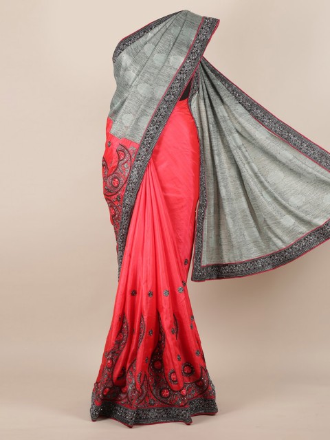 

Pothys Pink & Grey Poly Georgette Embroidered Saree With Embellishment