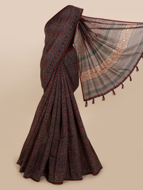 

Pothys Maroon & Blue Cotton Blend Printed Saree