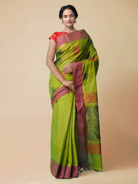 

Unnati Silks Green Pure Cotton Printed Uppada Saree