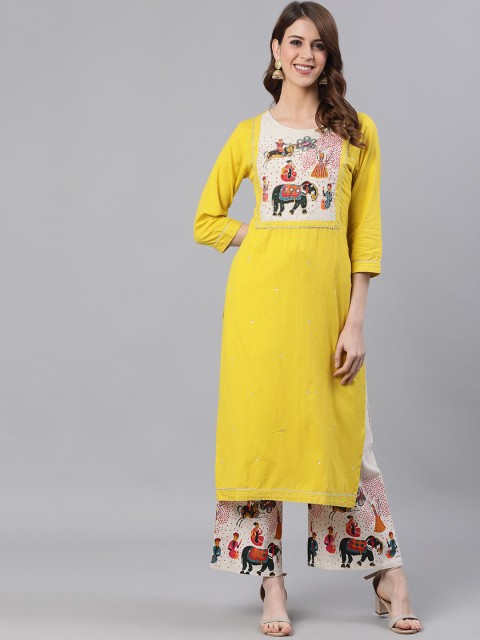 

Ishin Women Yellow & Beige Printed Kurta with Palazzos