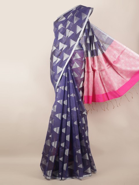 

Pothys Blue & Silver-Toned Cotton Blend Woven Design Saree