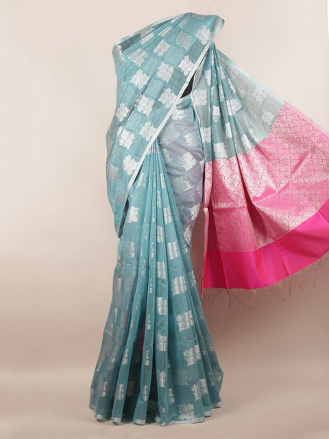 

Pothys Blue & Silver-Toned Cotton Blend Woven Design Saree