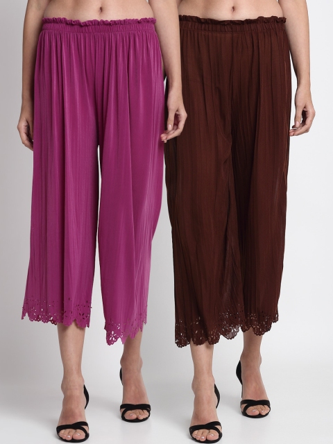 

NEUDIS Women Purple & Coffee Brown Hem Design Straight Palazzos