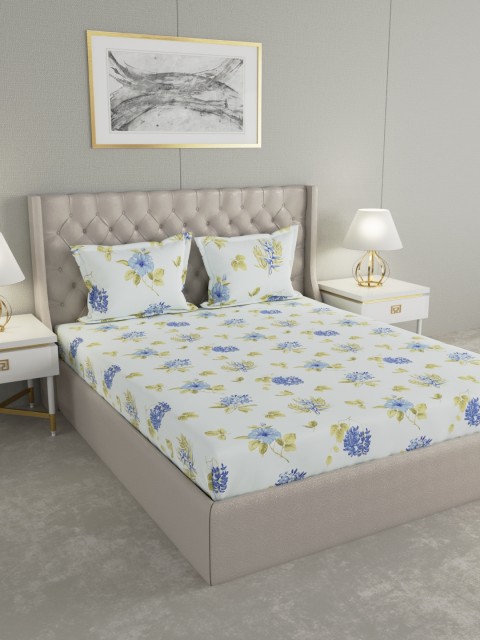 

Raymond Home White & Blue Floral 104 TC Cotton 1 Queen Bedsheet with 2 Pillow Covers