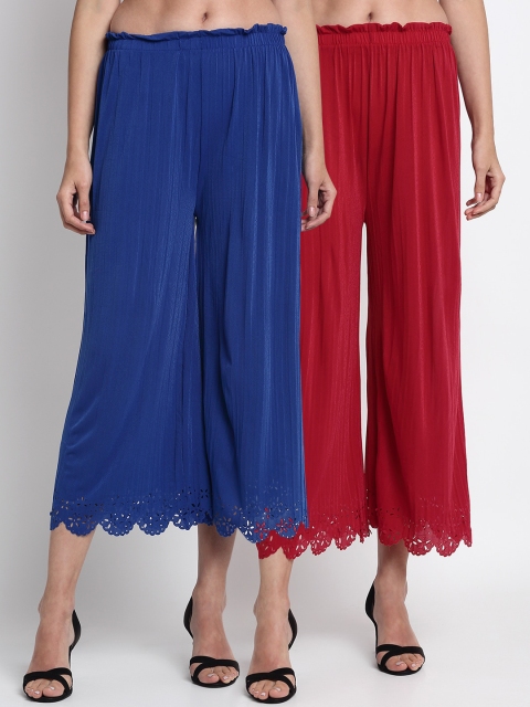 

NEUDIS Women Blue & Maroon Hem Design Straight Palazzos