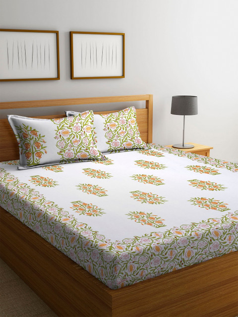 

DREAM WEAVERZ White & Orange Ethnic Motifs 300 TC Cotton 1 Queen Bedsheet with 2 Pillow Covers