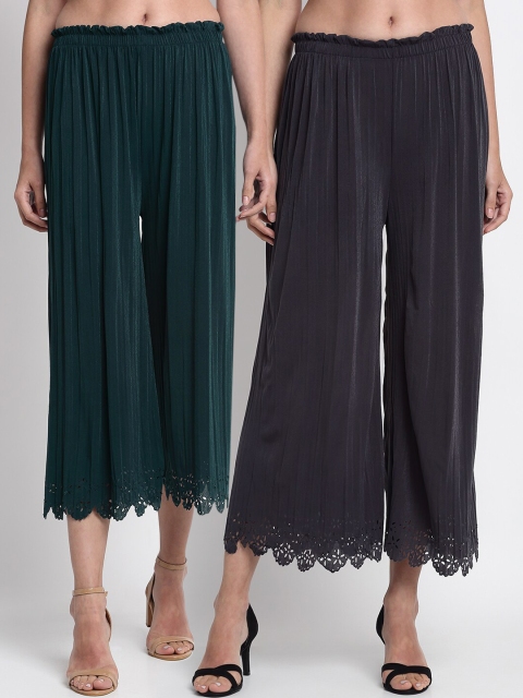 

NEUDIS Women Pack Of 2 Solid Wide Leg Palazzos, Green
