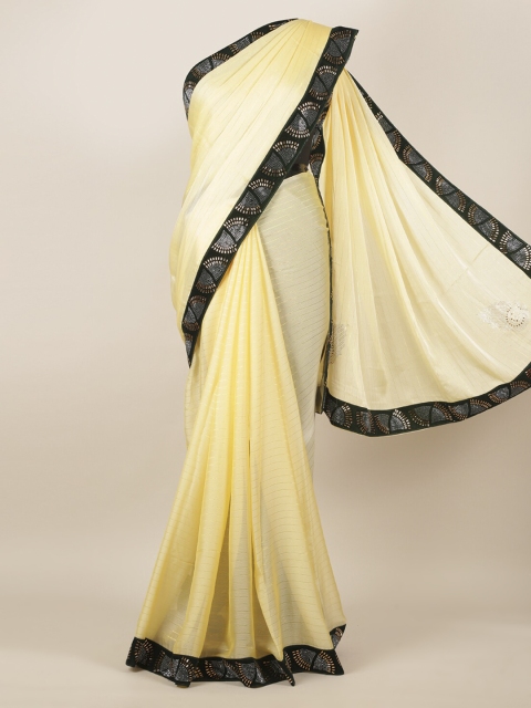 

Pothys Cream-Coloured & Gold-Toned Poly Georgette Striped Saree With Embellished Border