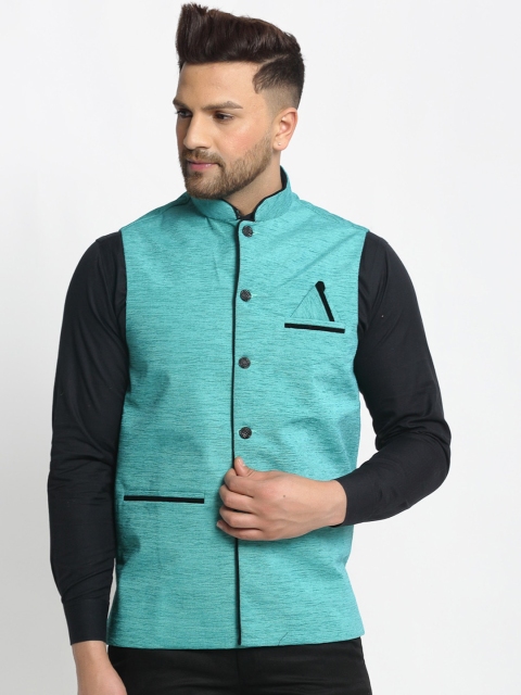 

Jompers Men Turquoise Blue Woven Design Waistcoat With Pocket Square