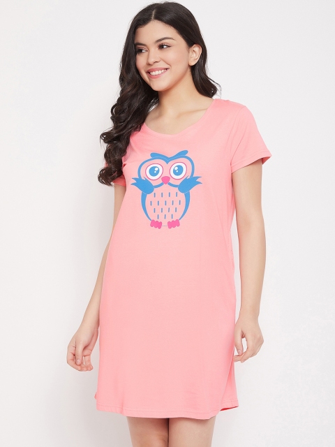 

Clovia Women Pink & Blue Owl Printed Nightdress
