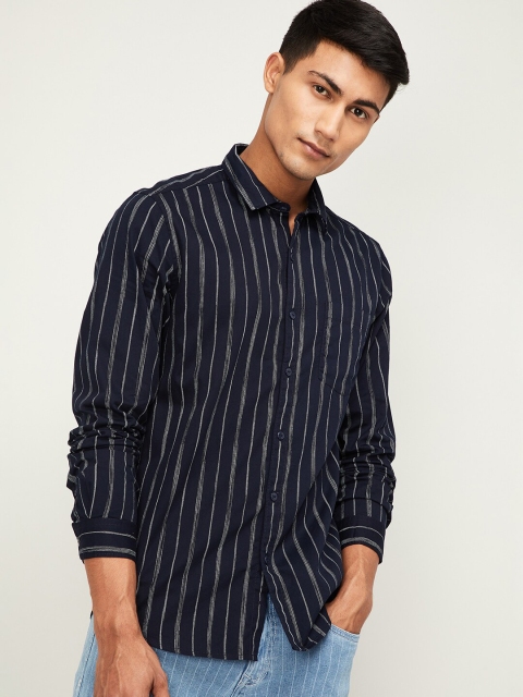 

Forca Men Navy Blue & White Slim Fit Striped Casual Shirt