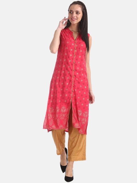 

Karigari Women Fuchsia Woven Design Straight Kurta