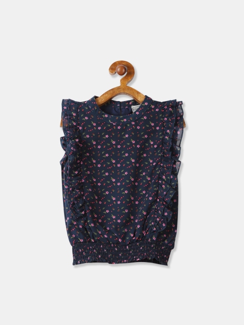 

Cherokee Girls Navy Blue Floral Print Ruffled Blouson Top