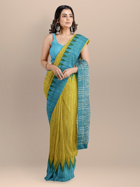 

BharatSthali Mustard Pure Silk Solid Sambalpuri Saree