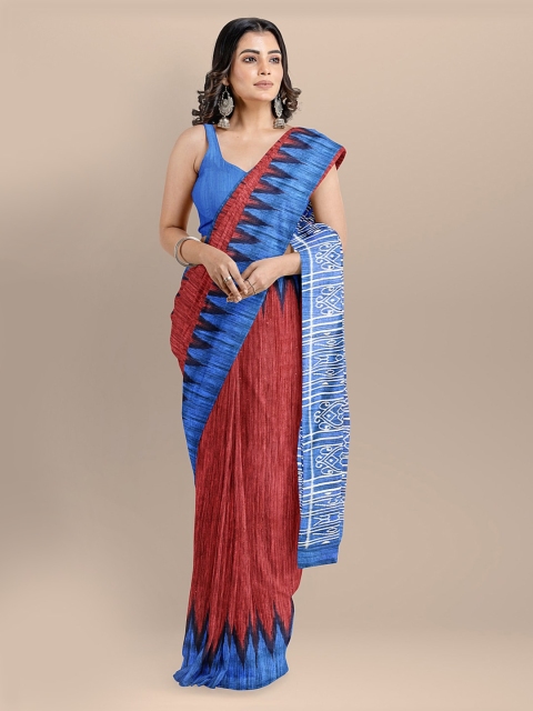 

BharatSthali Red Pure Silk Solid Sambalpuri Saree