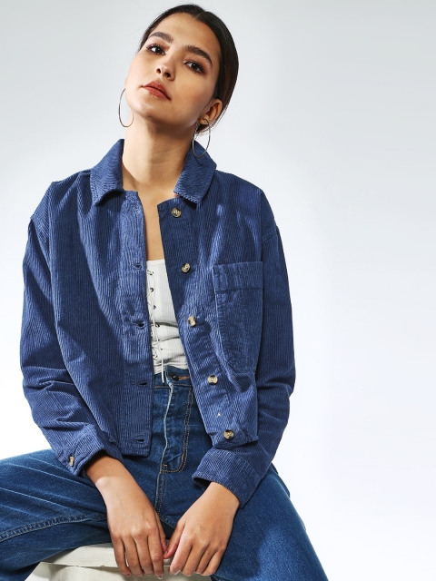 Blue Saint Women Blue Solid Corduroy Denim Jacket