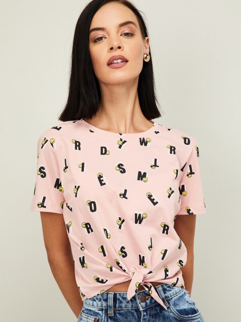 

Smiley World Women Pink Printed Round Neck T-shirt
