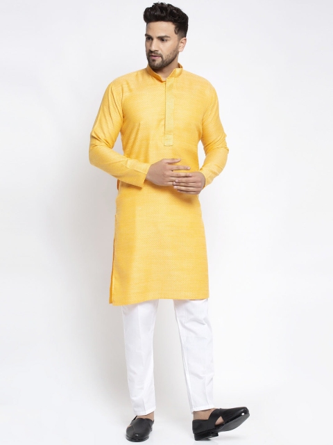 

Jompers Men Yellow & White Self Design Kurta with Churidar