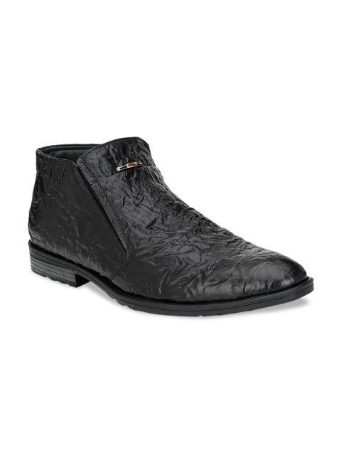 

Hitz Men Black Textured Leather Mid-Top Flat Boots