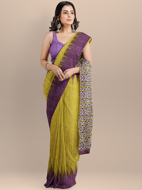 

BharatSthali Yellow Pure Silk Solid Sambalpuri Saree