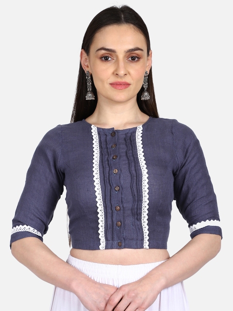

THE WEAVE TRAVELLER Women Blue & White Solid Saree Blouse
