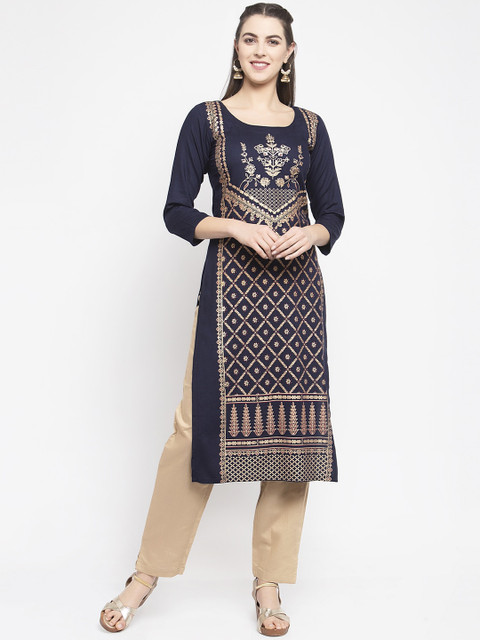 

KHALOM Women Blue Printed Straight Kurta