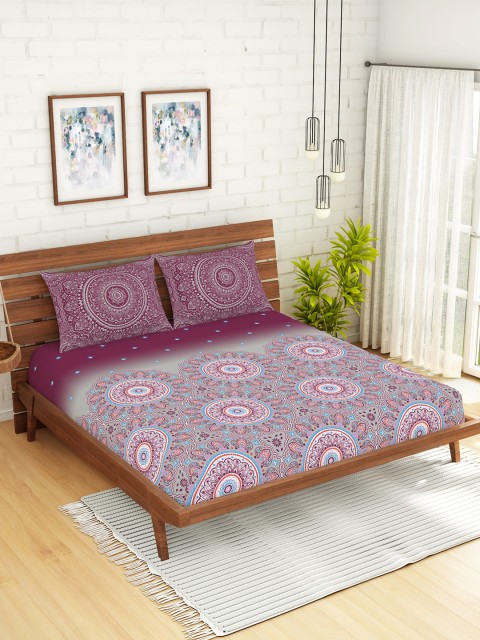 

SPACES Burgundy & Grey Ethnic Motifs 144 TC Cotton 1 King Bedsheet with 2 Pillow Covers