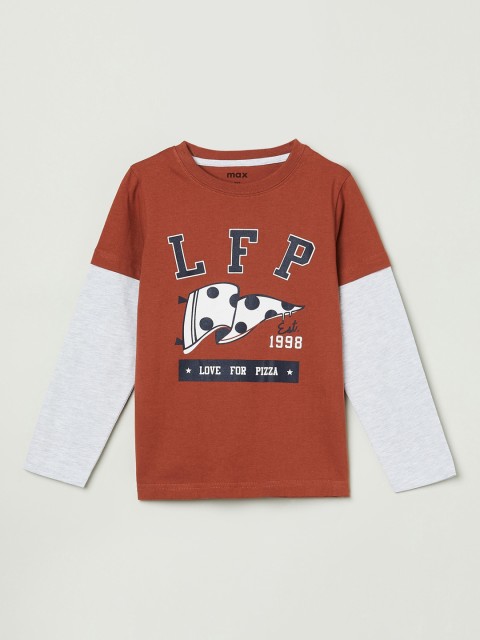 

max Boys Rust Red Printed Round Neck Cotton Pure Cotton T-shirt
