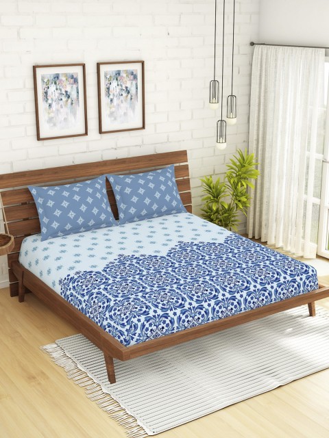 

SPACES Blue Ethnic Motifs 144 TC Cotton 1 King Bedsheet with 2 Pillow Covers