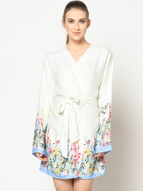 SQew Women White & Blue Floral Printed Robe With Eye Mask
