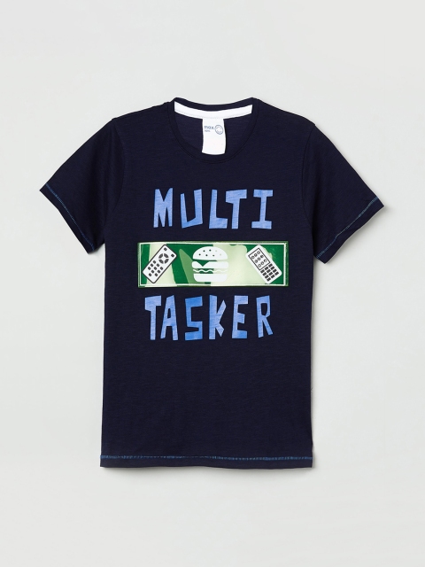 

max Boys Navy Blue Printed Round Neck Pure Cotton T-shirt