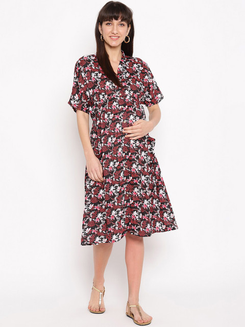 

The Vanca Women Black Printed Maternity A-Line Dress