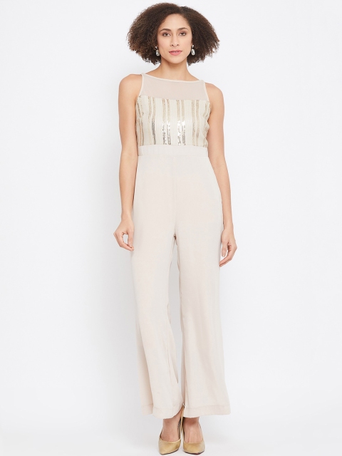 

Madame Women Beige & Gold-Toned Self Design Basic Jumpsuit
