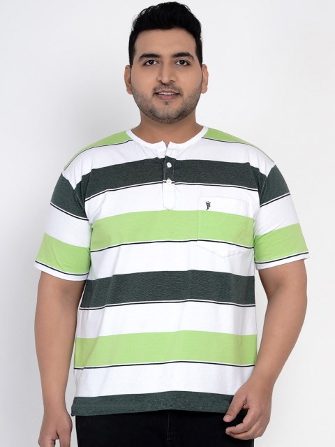 

John Pride Men White Striped Henley Neck T-shirt