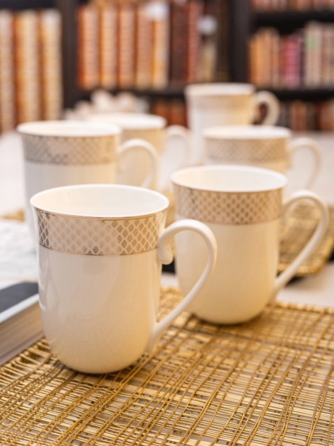 

White Gold White & Gold-Toned 6 Pcs Printed Porcelain Mug Set