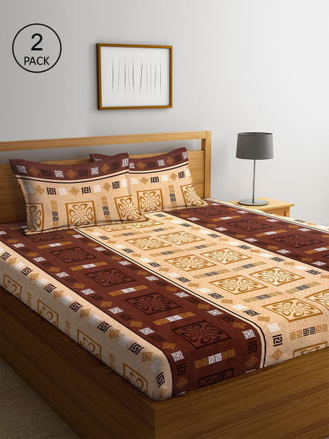

KLOTTHE Set Of 2 Brown & Beige Geometric 210 TC Cotton King Bedsheets with 4 Pillow Covers