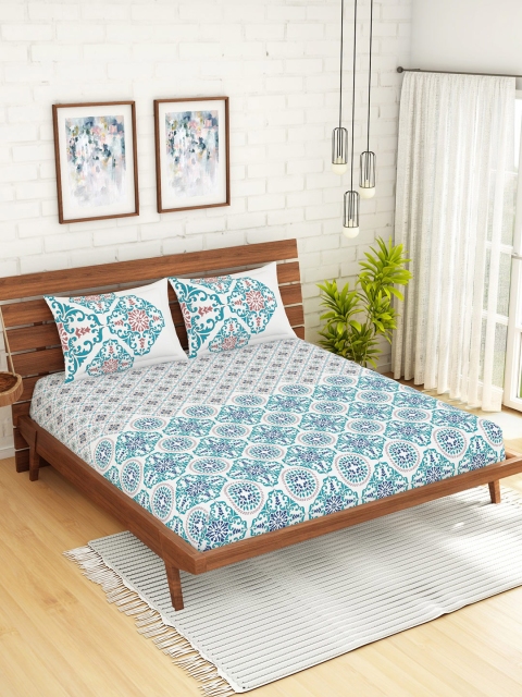

SPACES Turquoise Blue & White Ethnic Motifs 144 TC Cotton 1 Queen Bedsheet with 2 Pillow Covers