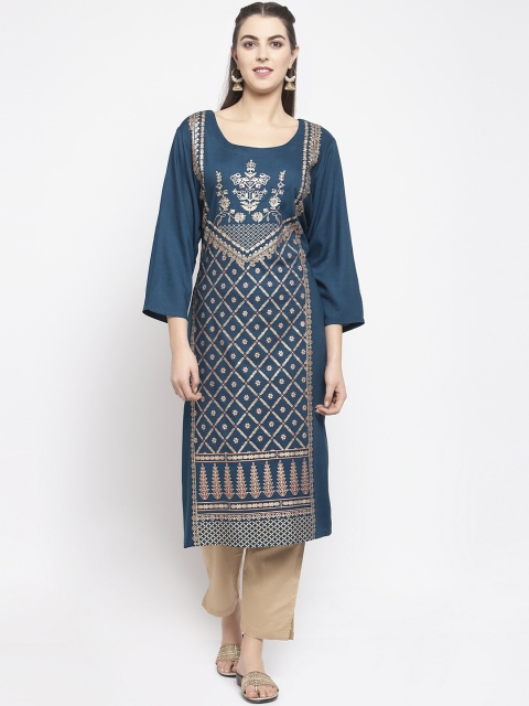 

KHALOM Women Teal Blue & Gold-Toned Printed A-Line Kurta