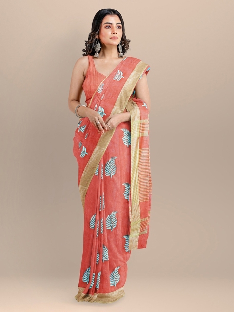 

BharatSthali Peach-Coloured Silk Cotton Embroidered Maheshwari Saree