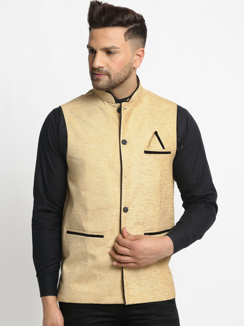

Jompers Men's Beige Solid Waistcoat with Pocket Square