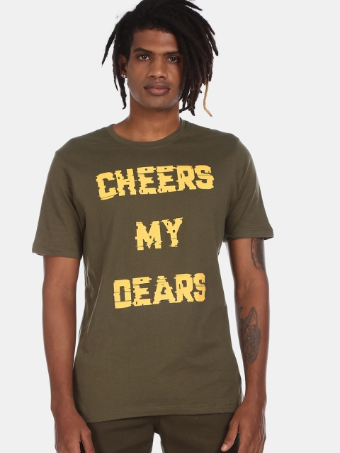 

Colt Men Olive Green Printed Round Neck Cotton T-shirt