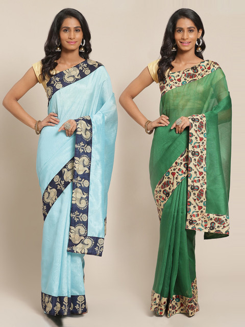 

Florence Blue & Green Silk Blend Solid Saree Pack of 2