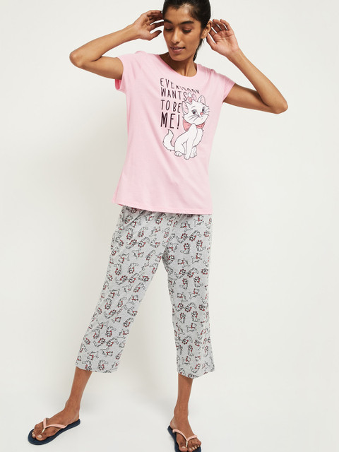 

max Women Pink & Grey Printed Night Suit